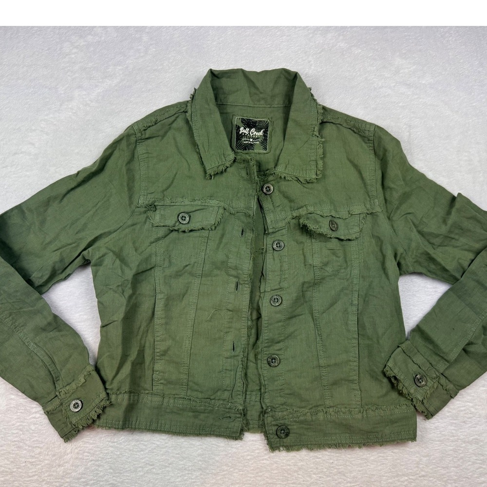 Salt Creek Apparel Olive Green Linen Blend Frayed Hem Trucker Jacket Womens M